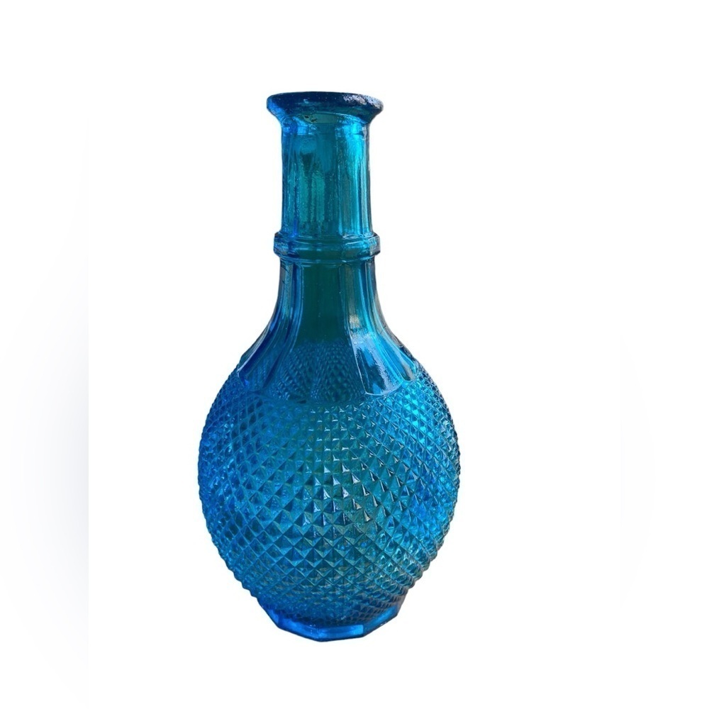 Blue Glass Diamond Point Cut Hobnail Glass Decanter No Cover